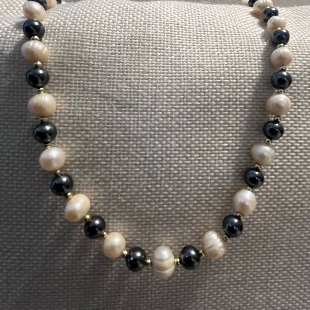 Handmade by me Elegant Pearl and Black Bead Necklace